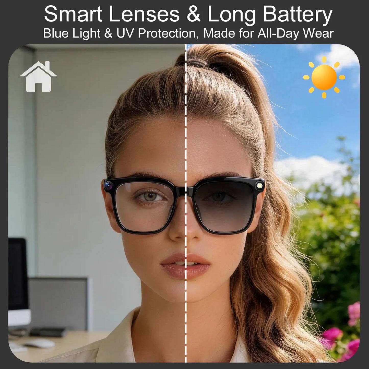 Smart AI Camera Glasses with 8MP Photochromic Lenses ,Button Touch Adjustment for Travel Outdoor Adventures Hands-Free Photography 160+Languages Real-Time Translation Bluetooth Wireless Wearable Video Recording UV Protection