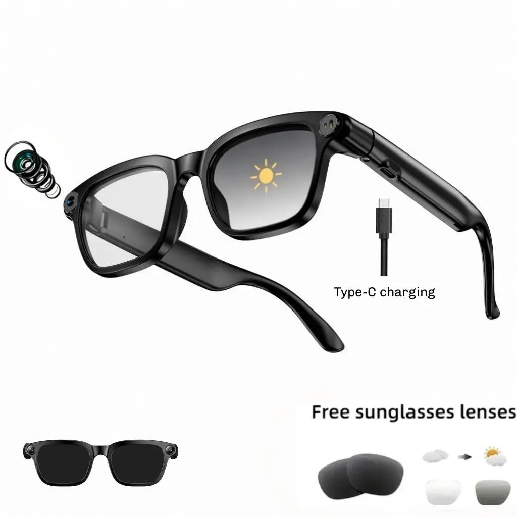 Smart AI Camera Glasses with 8MP Photochromic Lenses ,Button Touch Adjustment for Travel Outdoor Adventures Hands-Free Photography 160+Languages Real-Time Translation Bluetooth Wireless Wearable Video Recording UV Protection