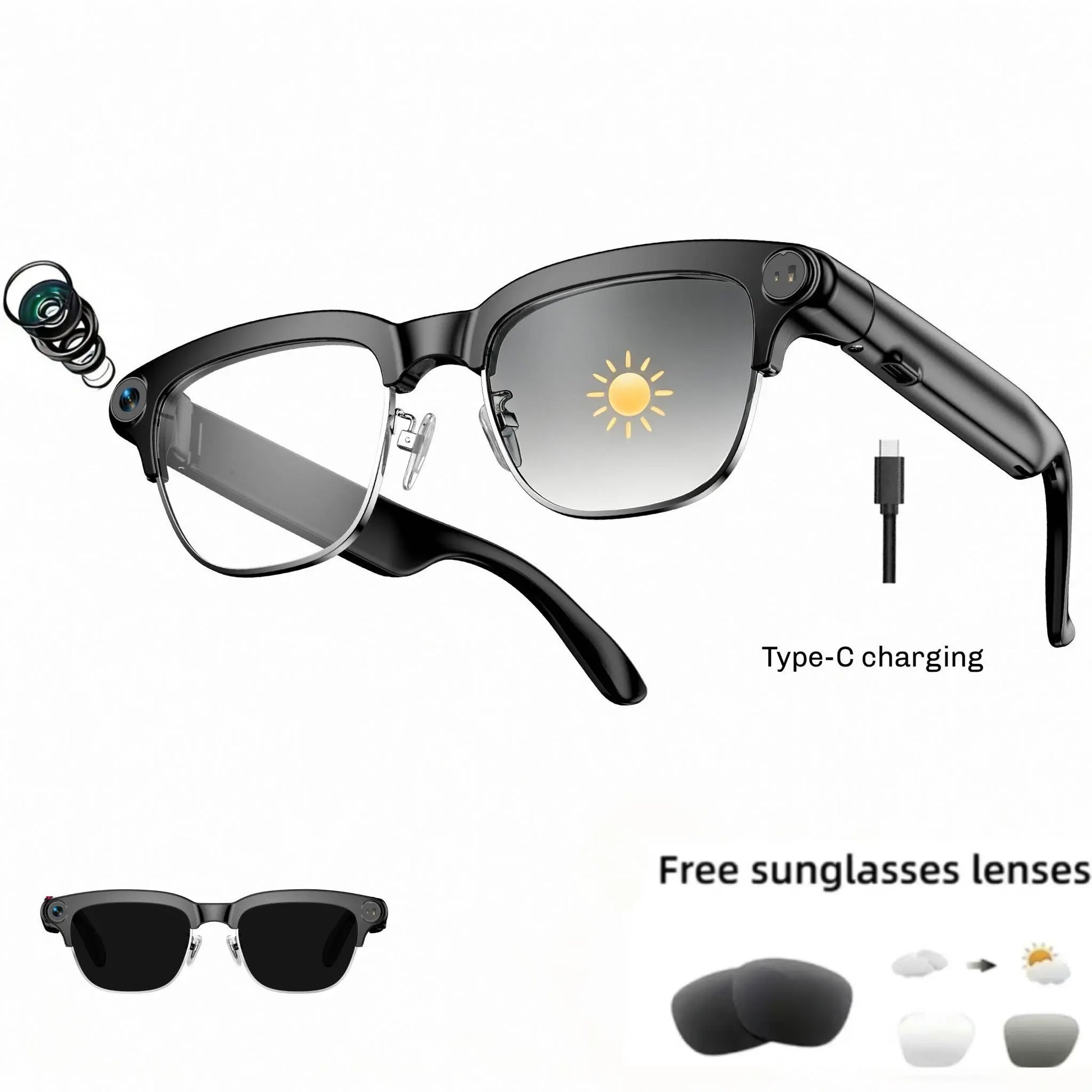 Smart AI Camera Glasses with 8MP Photochromic Lenses ,Button Touch Adjustment for Travel Outdoor Adventures Hands-Free Photography 160+Languages Real-Time Translation Bluetooth Wireless Wearable Video Recording UV Protection