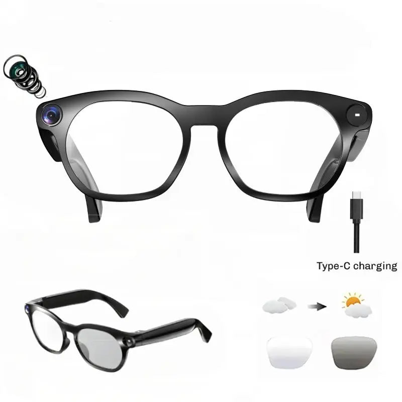 Smart AI Camera Glasses with 8MP Photochromic Lenses ,Button Touch Adjustment for Travel Outdoor Adventures Hands-Free Photography 160+Languages Real-Time Translation Bluetooth Wireless Wearable Video Recording UV Protection